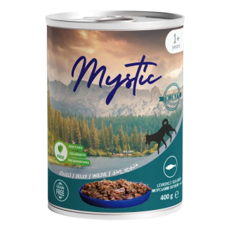 Вологий корм Mystic для собак шматочки морського окуня в желе 400г Вологий корм Mystic для собак шматочки морського окуня в желе 400г